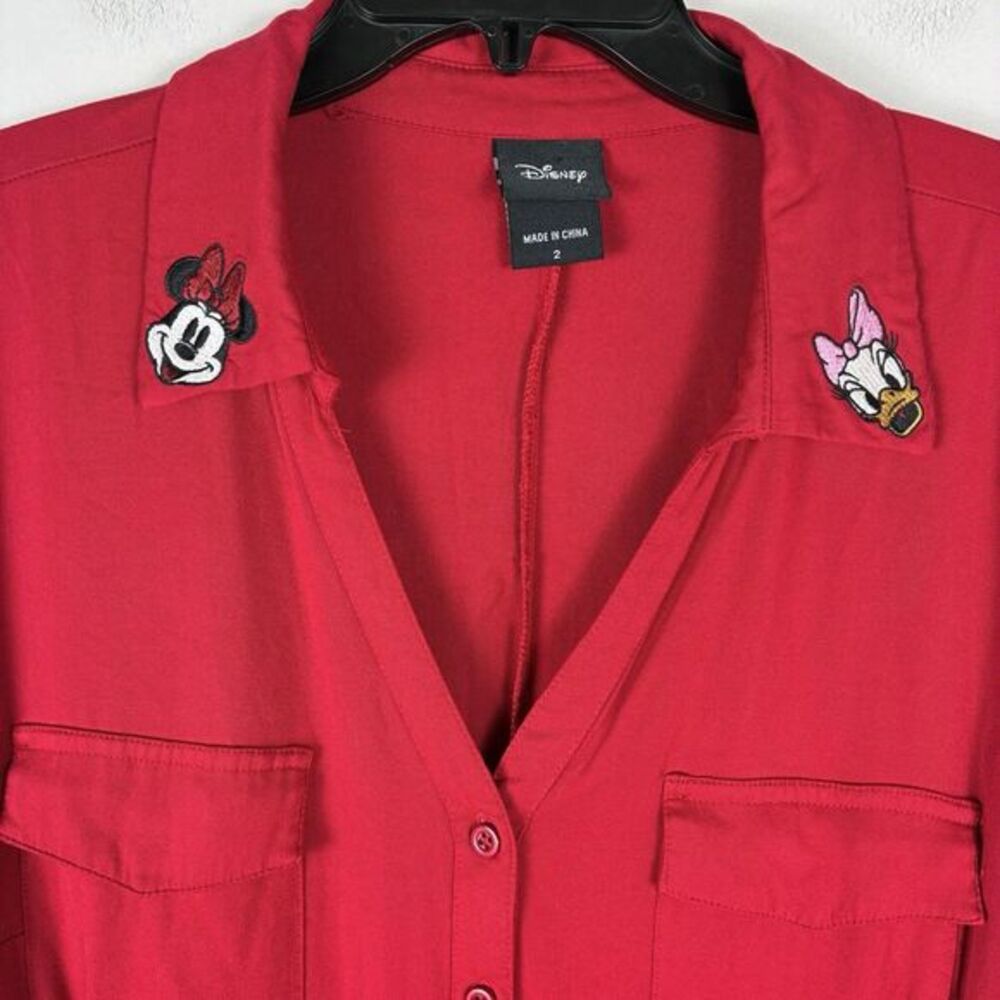 Vintage Disney Store Button Down Blouse Red 2X Embroidered Y2K Minnie Daisy